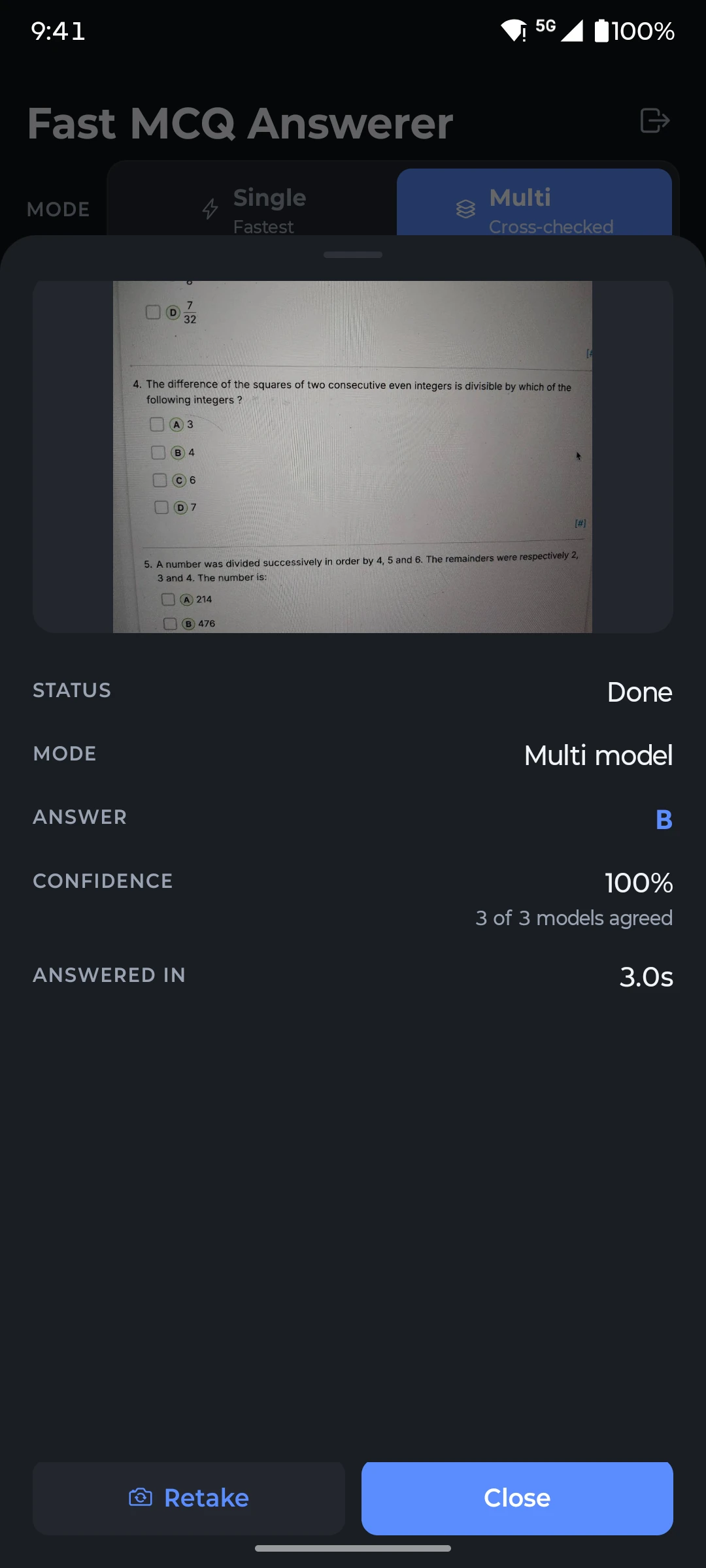 The app showing a photographed multiple choice question answered B, cross-checked by three models in 3.0 seconds